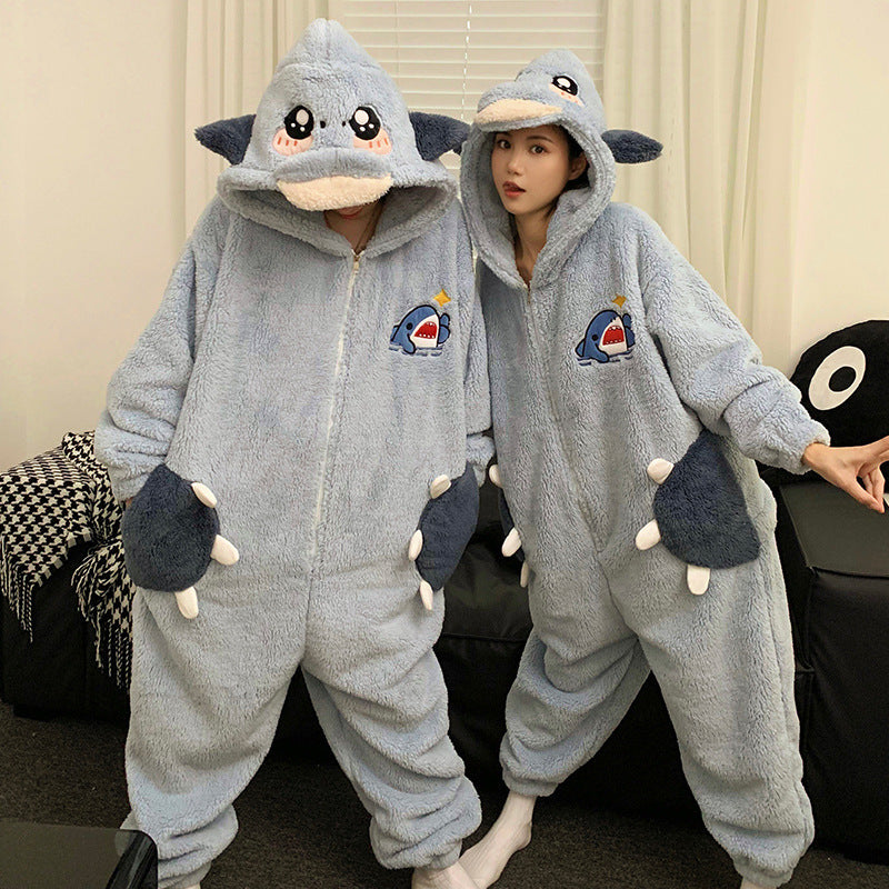 Cute Cartoon Jumpsuit Homewear Couple One-piece Nightgown Coral Fleece Winter Thickened Plush Pajamas For Home Clothes - Essentially Faith
