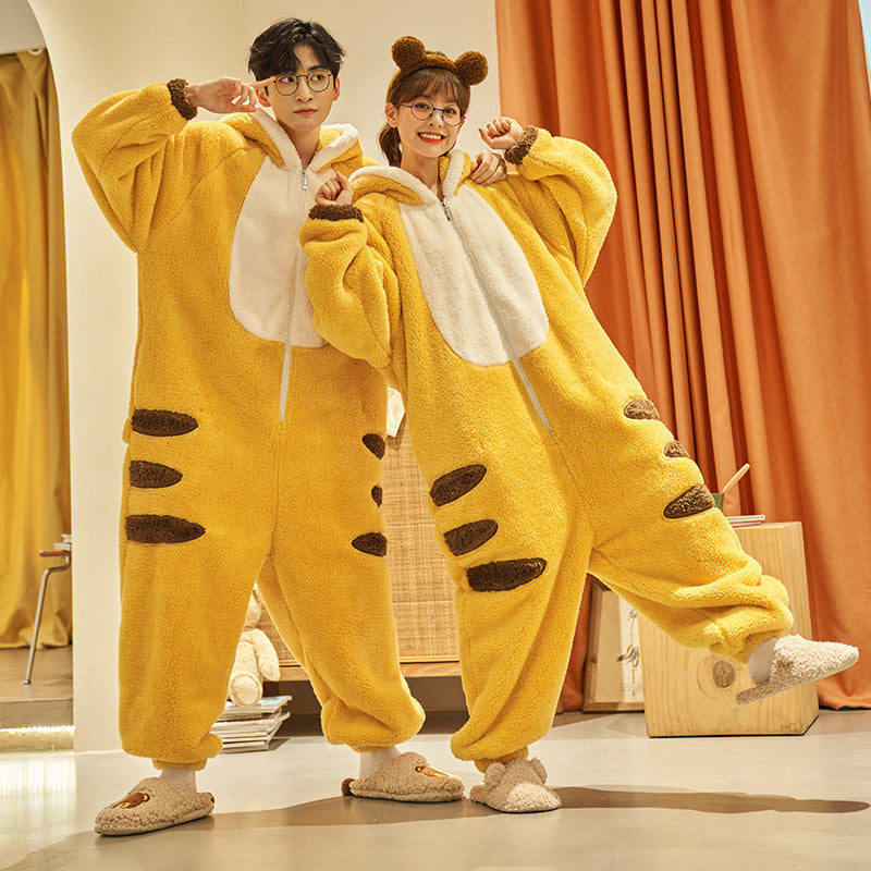 Cute Cartoon Jumpsuit Homewear Couple One-piece Nightgown Coral Fleece Winter Thickened Plush Pajamas For Home Clothes - Essentially Faith