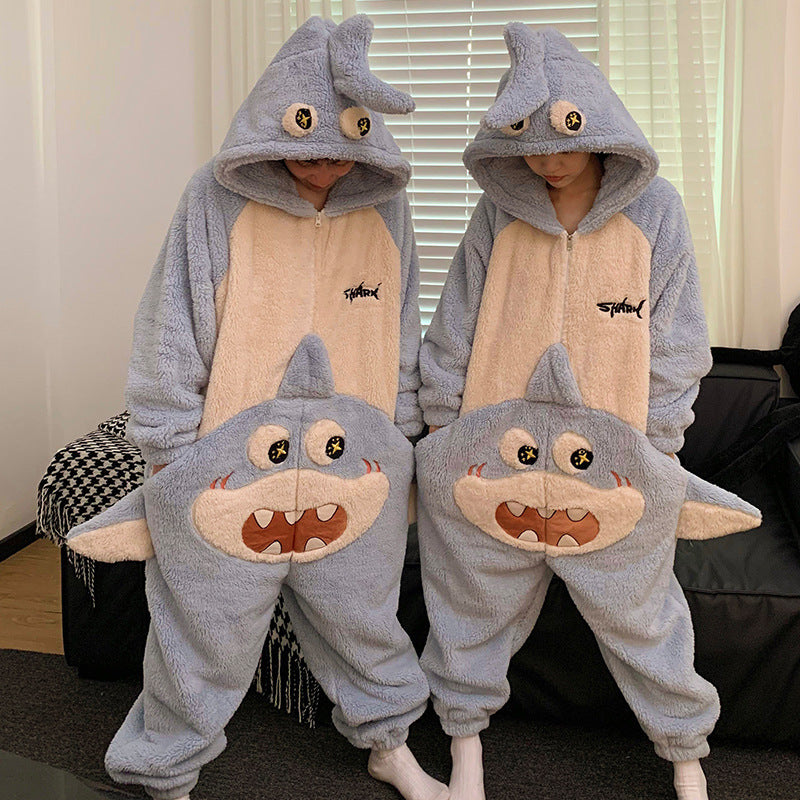 Cute Cartoon Jumpsuit Homewear Couple One-piece Nightgown Coral Fleece Winter Thickened Plush Pajamas For Home Clothes - Essentially Faith