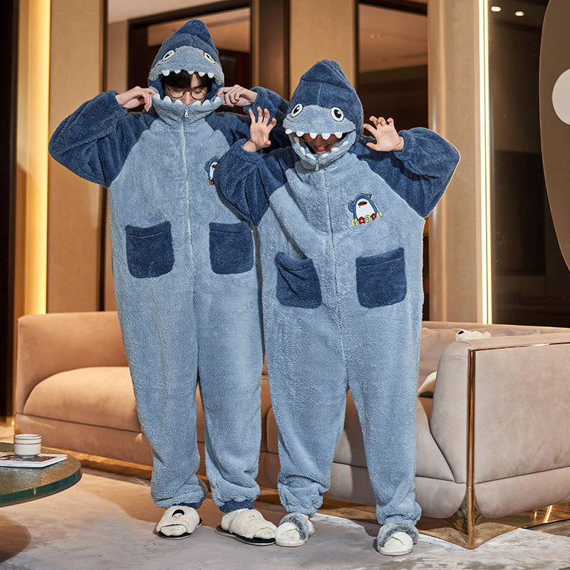 Cute Cartoon Jumpsuit Homewear Couple One-piece Nightgown Coral Fleece Winter Thickened Plush Pajamas For Home Clothes - Essentially Faith