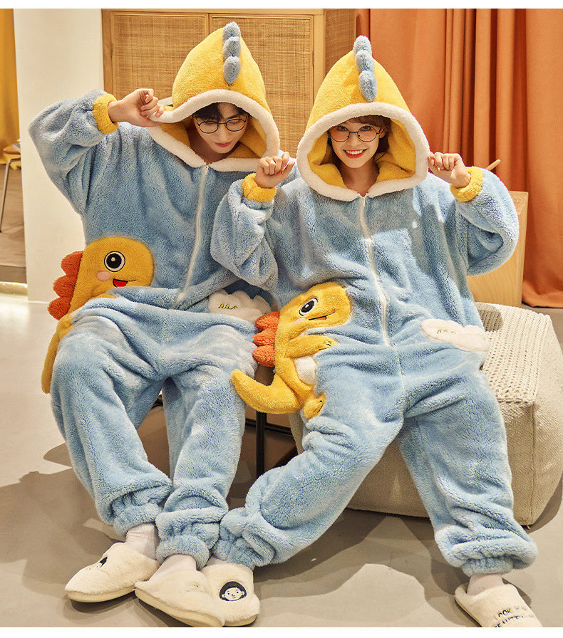 Cute Cartoon Jumpsuit Homewear Couple One-piece Nightgown Coral Fleece Winter Thickened Plush Pajamas For Home Clothes - Essentially Faith