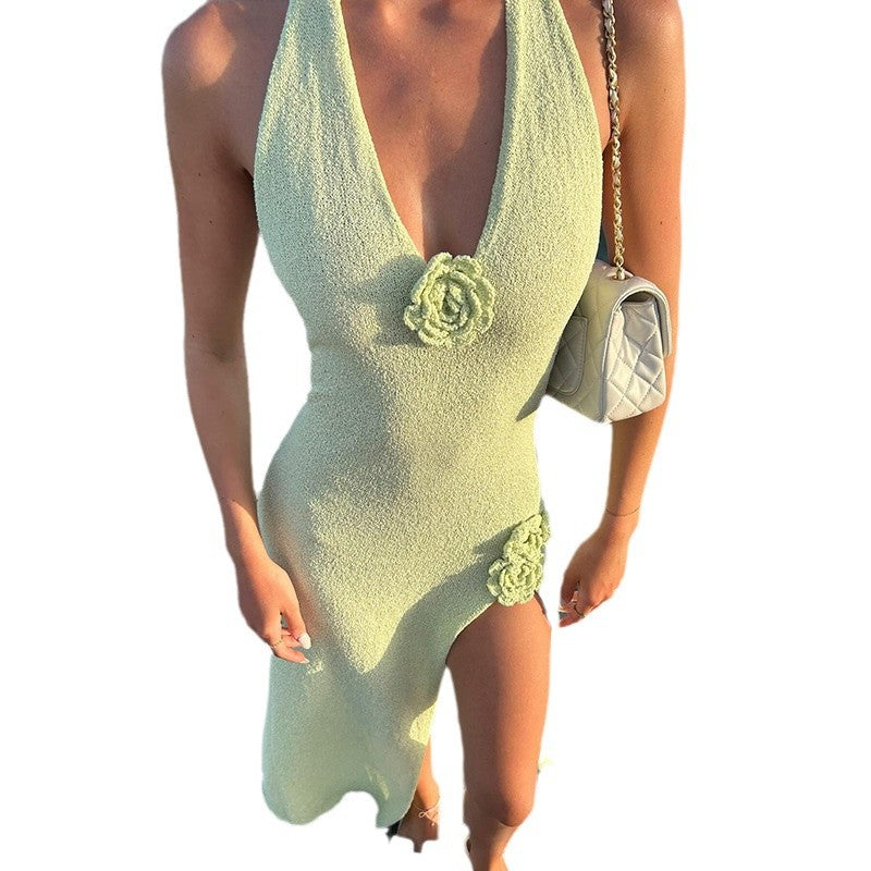 Deep V-neck Backless High Split Sling Dress - Essentially Faith