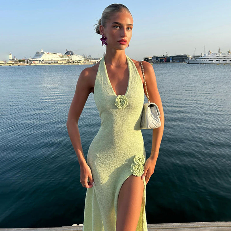 Deep V-neck Backless High Split Sling Dress - Essentially Faith