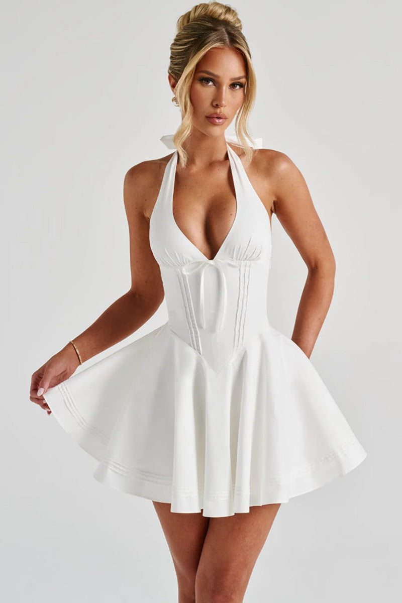 Deep V-neck Sleeveless Women's Halter Bow Cinched Short Dress - Essentially Faith