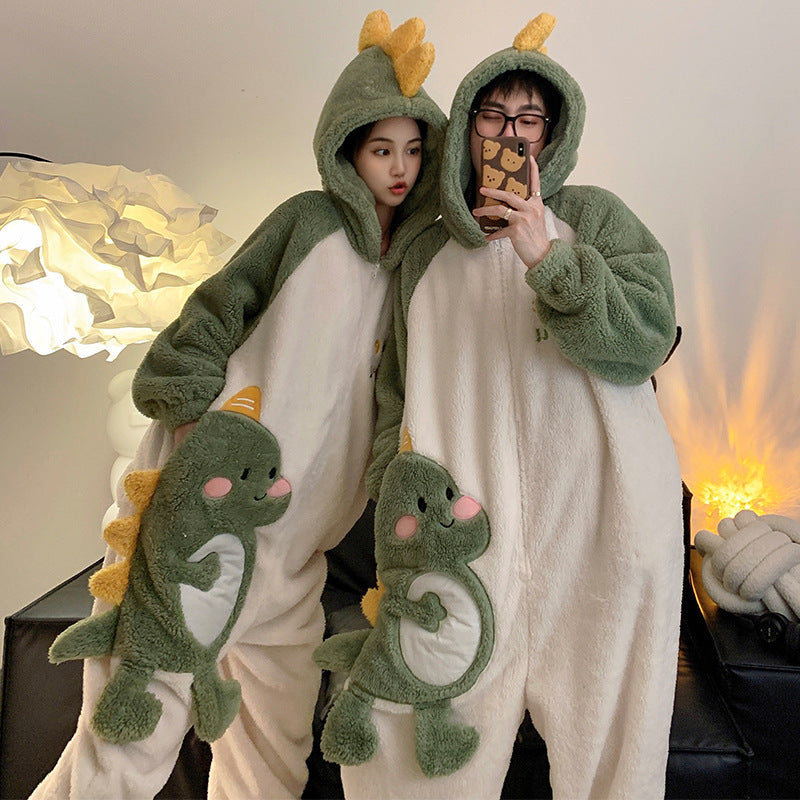 Cute Cartoon Jumpsuit Homewear Couple One-piece Nightgown Coral Fleece Winter Thickened Plush Pajamas For Home Clothes - Essentially Faith