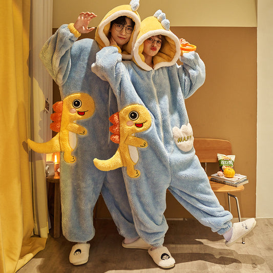 Cute Cartoon Jumpsuit Homewear Couple One-piece Nightgown Coral Fleece Winter Thickened Plush Pajamas For Home Clothes - Essentially Faith