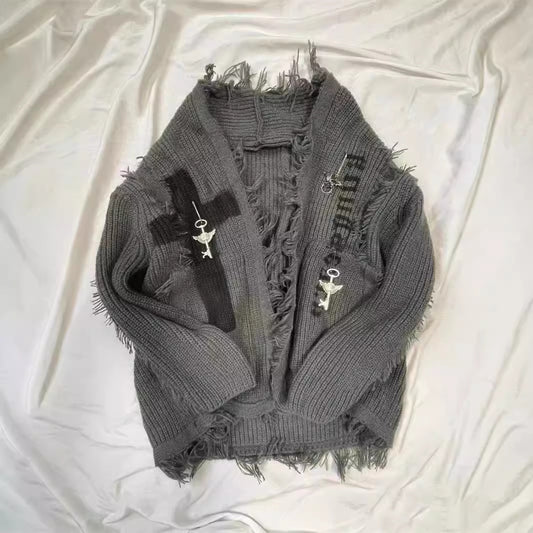 Dark Asian Culture Retro Distressed Cardigan Sweater - Essentially Faith